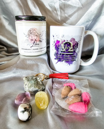 Libra zodiac candle gift set with mug, tumbled stones and incense cones.